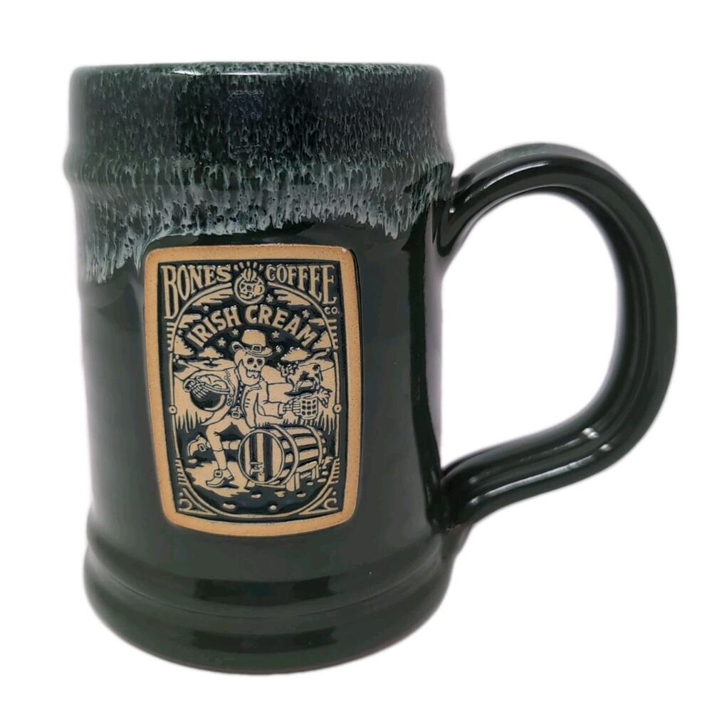 Deneen Pottery Bones Coffee Co Irish‎ Cream Coffee Mug Green Stoneware Skeleton